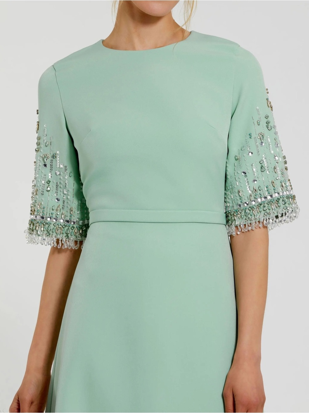 Mac Duggal 2270 Green Crepe A Line Gown With Beaded 3/4 Sleeves Size 16 NWOT - Picture 3 of 10